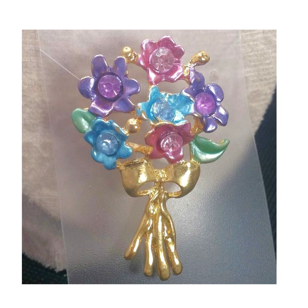 Vintage Enamel Flower Brooch Gold Tone Pastel Floral Bouquet Pin Colorful
